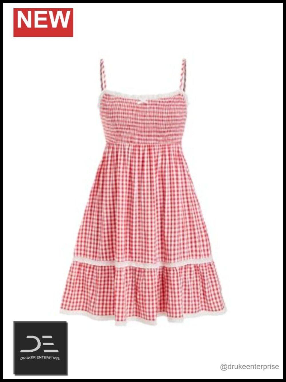 Gingham smocked tiered midi dress lace trim